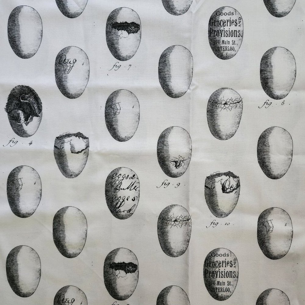 Fowl Play White Whimsical Eggs J Wecker Frisch Tidings of Great Joy Fabric BTY